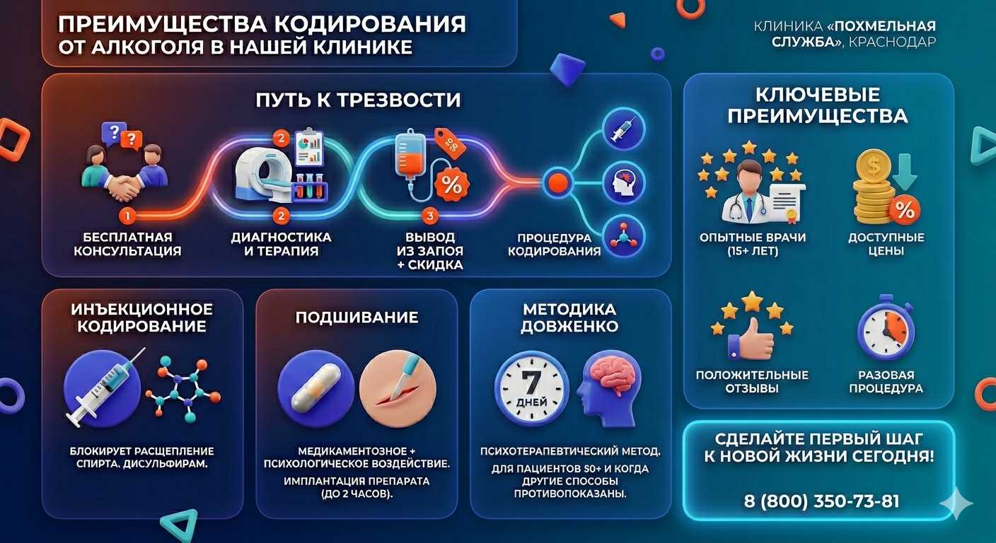 Инфографика о методах кодирования от алкоголя в Белгороде: инъекции, подшивание, метод Довженко. Преимущества клиники и этапы лечения.