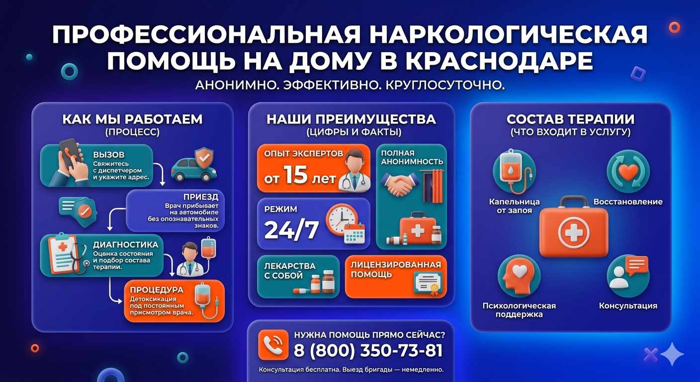 Инфографика о принципах лечения алкоголизма на дому в Белгороде: этапы вызова нарколога, преимущества анонимной детоксикации и состав медицинской помощи.